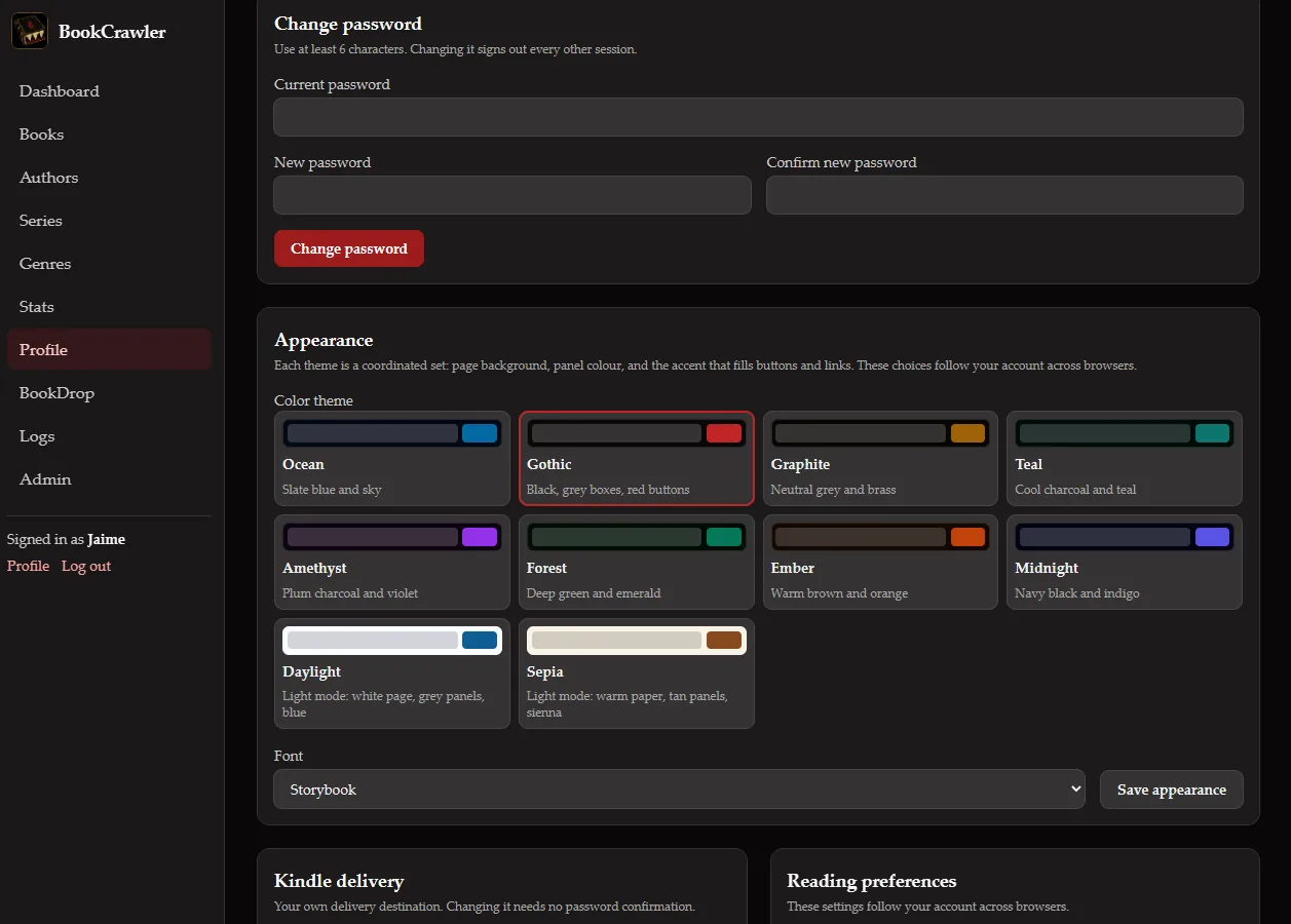 BookCrawler profile page with a password change form and ten color themes to choose from