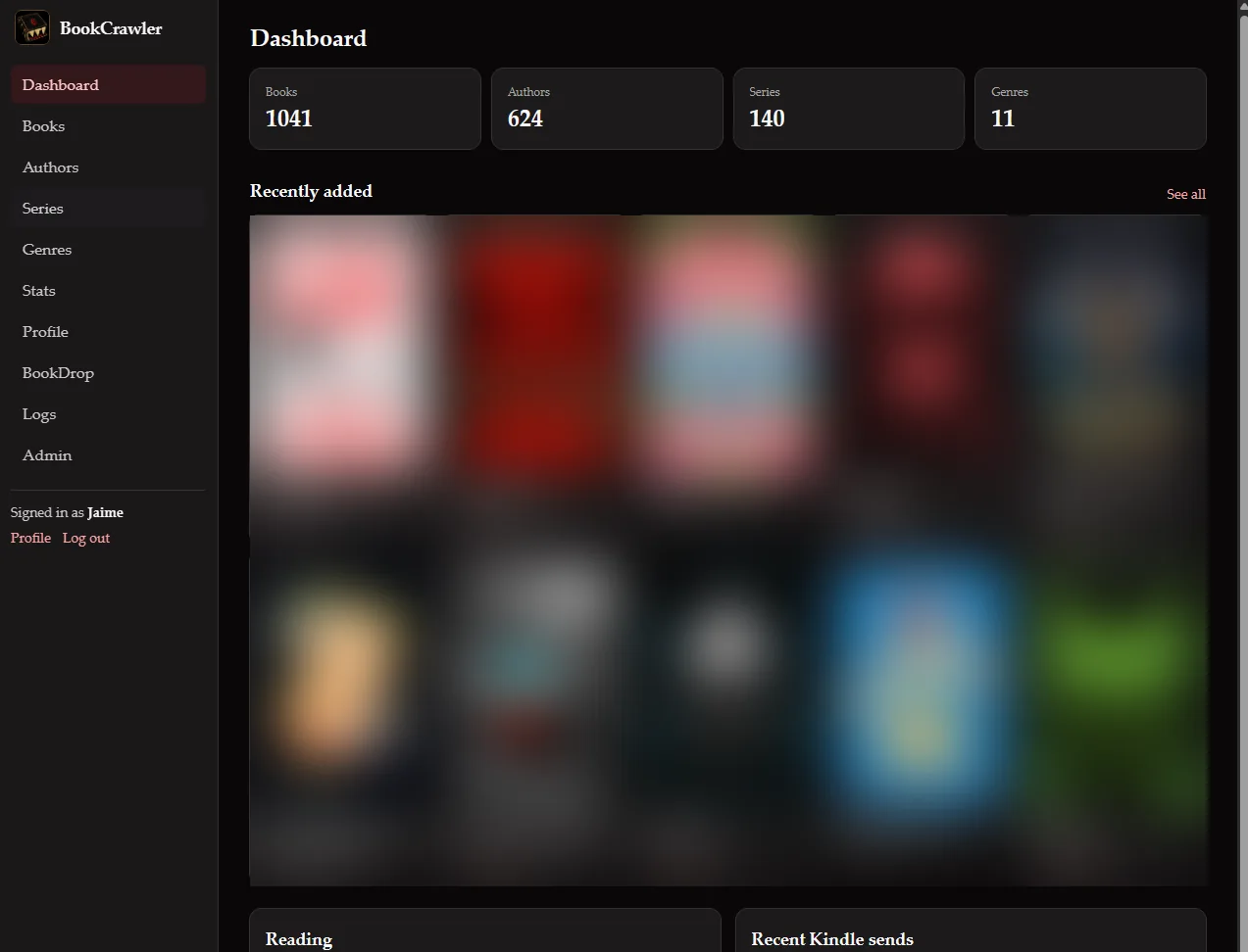 BookCrawler dashboard with counts of books, authors, series, and genres above a grid of recently added books, covers blurred