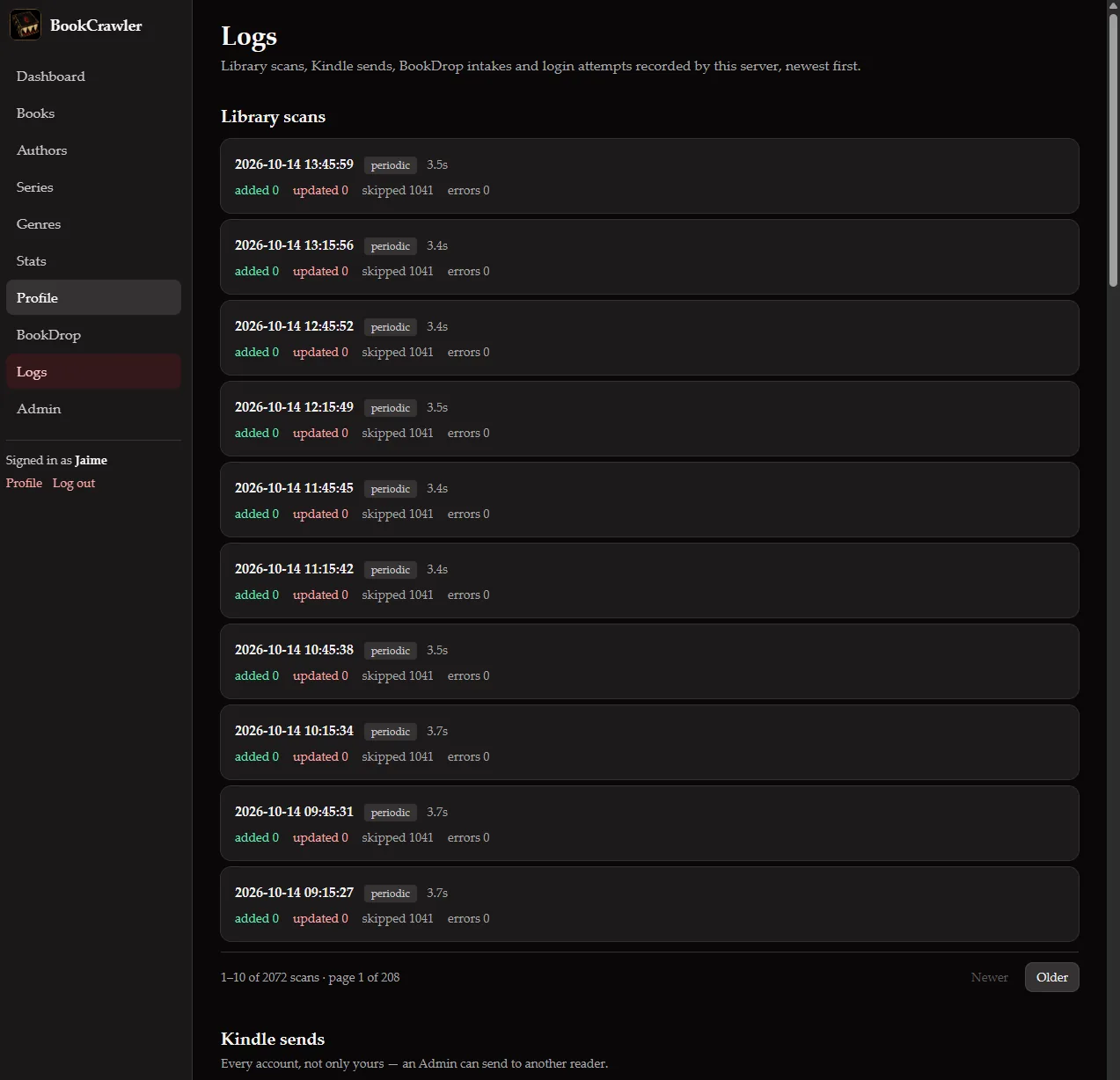 BookCrawler Logs page listing periodic library scans with their time, duration, and counts of added, updated, skipped, and failed files