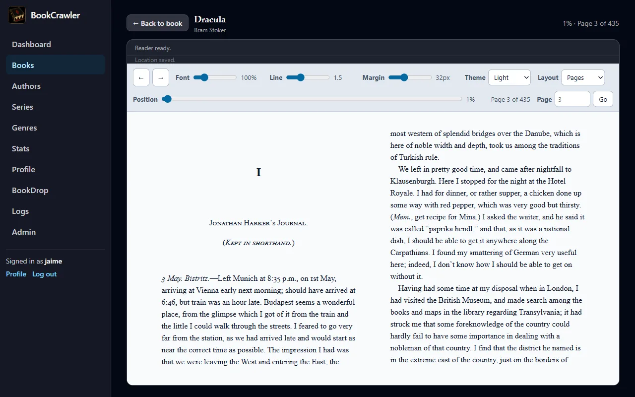 BookCrawler's in-browser reader showing a two-page spread with controls for font size, line spacing, margins, theme, layout, and page position