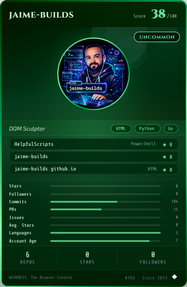 Jaime's GitHub profile trading card