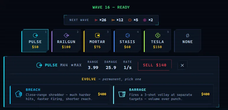 Evolve panel showing both evolution options for a MAX-level tower, with a confirmation step before committing