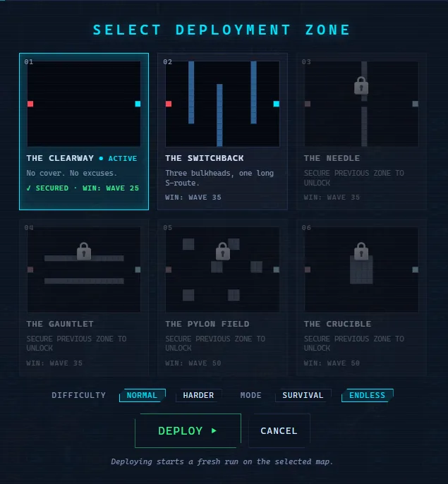 Map select screen showing real unlock progress across the six maps, with several secured and at least one still locked
